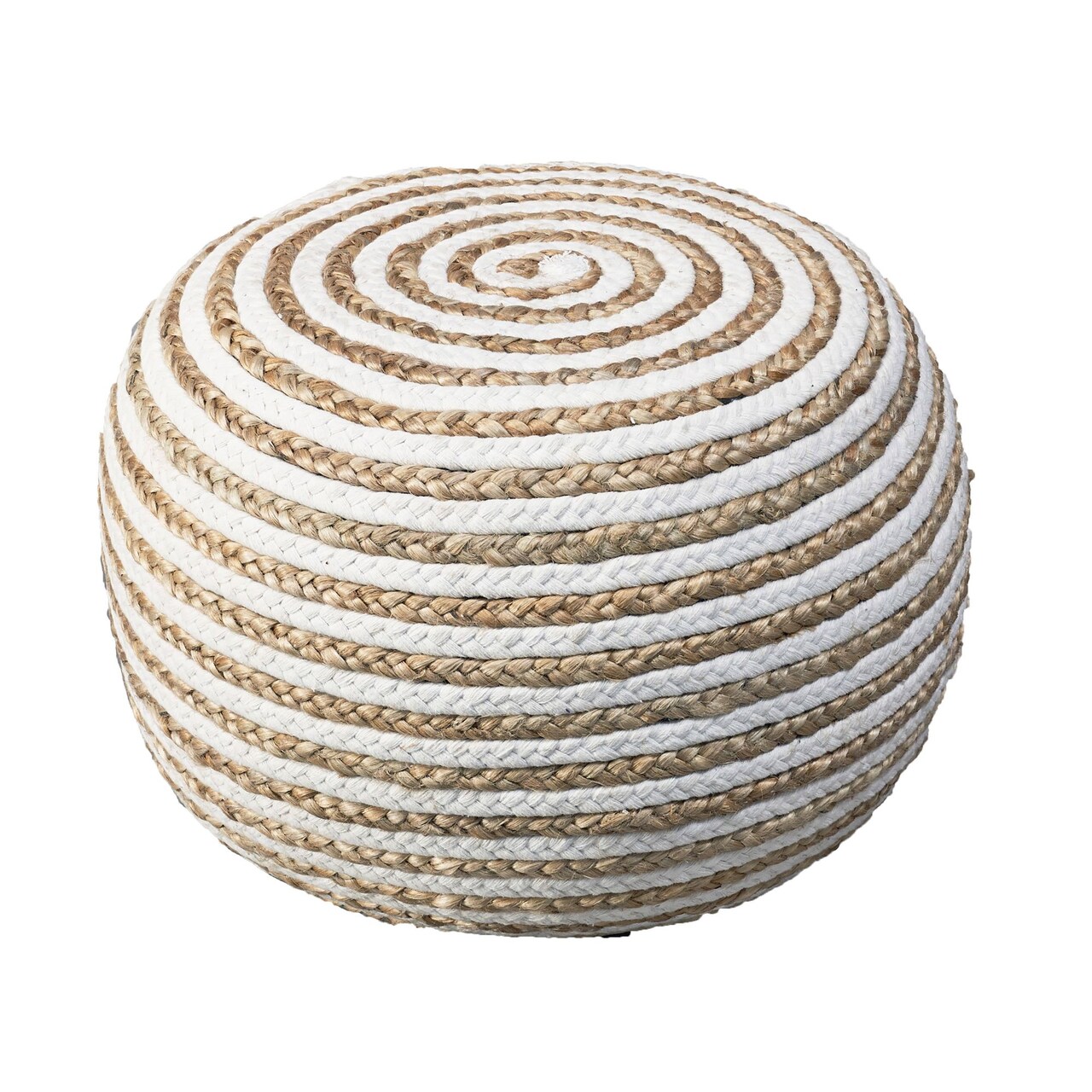 Laddha Home Designs 20" Tan and White Two Tone Hand Knitted Round Pouf Ottoman